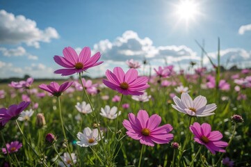 Obraz premium Colorful cosmos blooms in a field throughout spring and summer
