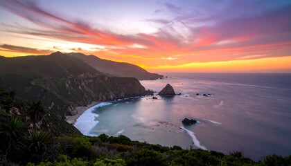 Vibrant sunset over a secluded cove, dramatic sky, coastal mountains