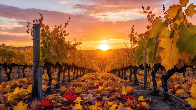 Morning glow at a wine country vineyard during fall