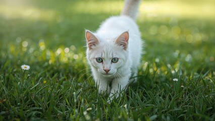 Snowy feline with bright blue eyes sauntering on the meadow