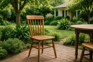 Fototapeta premium Classic rustic chair made of wood located in a lush garden