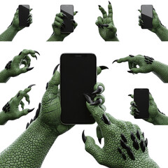 Monster hands holding phone mockup set isolated