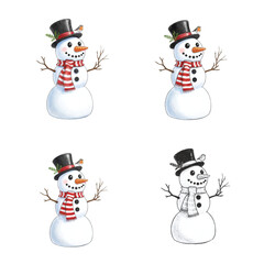 Hand drawn christmas snowman illustration set isolated