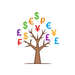 Download this simple vector art of a money tree. This isolated illustration with multi-colored currency signs is perfect for symbolizing financial growth and prosperity.