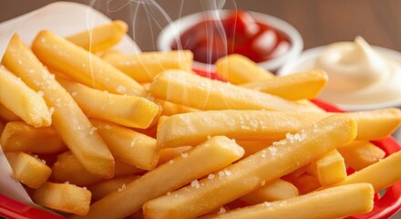 A plate of steaming hot French fries with salt and ketchup, with a side of mayonnaise.