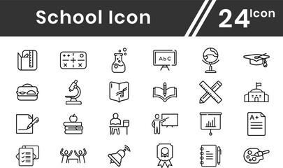 School web line icons set. Education and knowledge, learning, teacher, book, E-learning, graduation, school subjects, classroom, students and more. Editable line icons. Vector illustration.