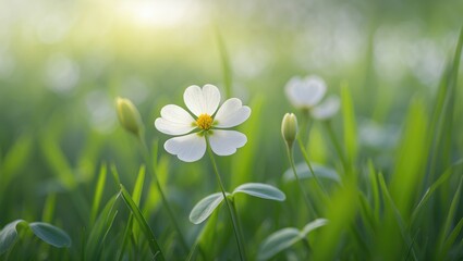 Close-up view of a white clover flower with a grassy backdrop