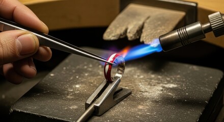 Master jeweler carefully soldering a delicate piece with a torch in a workshop