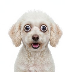 Obraz premium Shocked poodle with big surprised round eyes, dog face surprised expression on white background for design projects