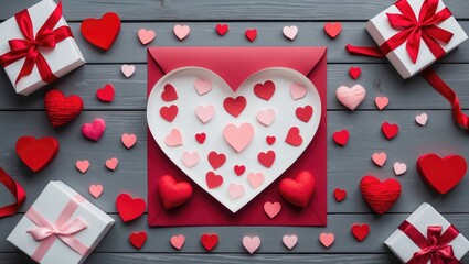 Valentine's Day greeting with hearts and wrapped gifts displayed on a wooden table