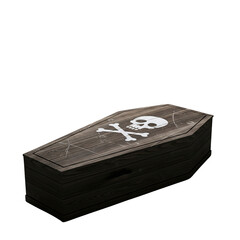 Wooden coffin with skull and crossbones