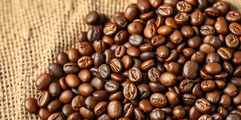 Fototapeta premium Close-up of roasted coffee beans, burlap sack background, organic, detail