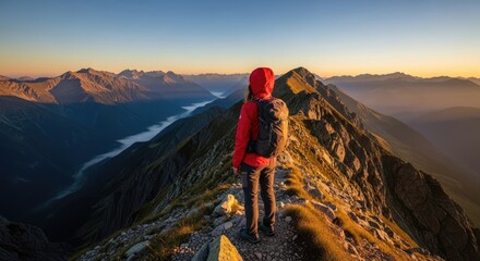 A hiker stands on a mountain peak at sunrise, wearing a red jacket and carrying a backpack, enjoying the breathtaking view.