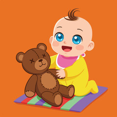 Obraz premium Baby Hugging Teddy Bear Toy on a Mat