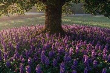 Purple hues all around featuring the trunk flower, natural leaves, and a beautiful morning outside