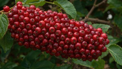 Detailed view of scarlet berries on a shrub with empty background for text