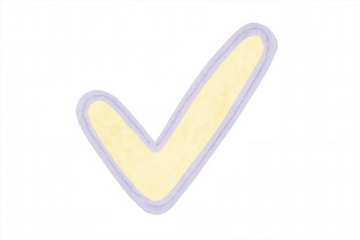 Yellow check mark symbol with purple border, isolated on transparent background, representing confirmation, approval, and success
