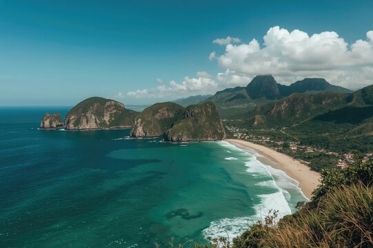 Scenic ocean and rugged cliffs with clear skies and lush greenery, perfect for a summer getaway