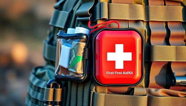Compact first aid kit securely fastened to military-style backpack's MOLLE webbing, army,  antiseptic