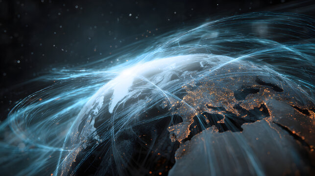 Communication technology gobal world network concept Connection lines Around Erth Globe, Motion of digitl data flow. Futuristic Tehnology Theme Background wth Light Effect.