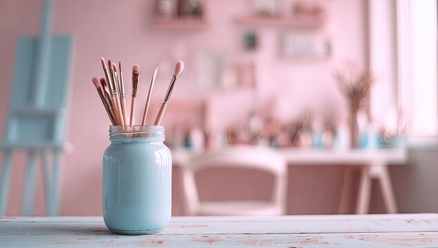 Pastel-toned art studio scene with paintbrushes in a jar