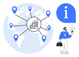 World map with location markers connecting to a central corporate building, professional holding light bulb symbolizing ideas, and large i sign. Ideal for global business, networking, innovation