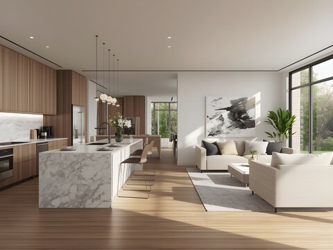 Minimalist Modern Home Interior with Hardwood Flooring,
Elegant Open Space with Kitchen, Dining, and Living Room,
High-End Kitchen with Marble Countertop and Cozy Living Area, modern living room