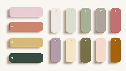 A collection of rectangular price tags in various pastel and muted colors.  Each tag has a small hole for a string or ribbon, and a subtle shadow