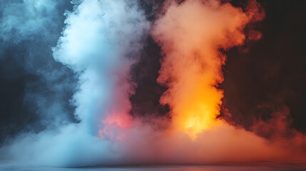 Obraz premium Abstract background with fire, ice elements. Dramatic contrast orange, blue colors. Smoky clouds, empty space. Visual imagery creates duality. Concept of hot, cold, energy. Ideal for wallpaper