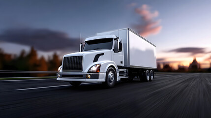Naklejka premium A large white semi-truck with a cargo trailer speeding along a highway as the sun sets in the distance, creating a picturesque rural landscape in the background.