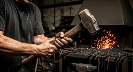 A man in a black t-shirt hammers a large hammer against a blacksmith's anvil in a workshop with a bright red fire in the background.