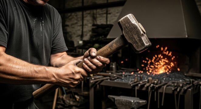 A man in a black t-shirt hammers a large hammer against a blacksmith's anvil in a workshop with a bright red fire in the background.