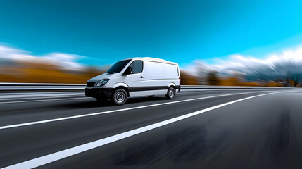 Fototapeta premium A white commercial delivery van moving quickly down a blurred highway, showcasing the speed and efficiency of modern transportation and logistics