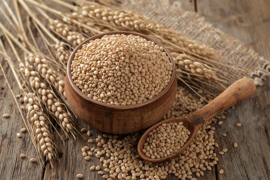 Bowl filled with raw spelt grains accompanied by a wooden spoon and spelt stalks on the surface