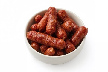 Small smoked sausages served in a white ceramic dish against a plain white background