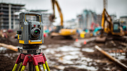 Surveying equipment at a construction site, foreground focus, blurred background showcases heavy machinery and building progress.