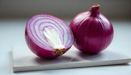 A vibrant red onion, precisely cut in half, isolated on a clean white background, studio lighting, sharp focus, showcasing the intricate layers and textures.
