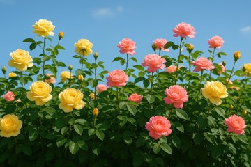 Obraz premium Section of green shrubbery featuring blooming yellow and pink roses