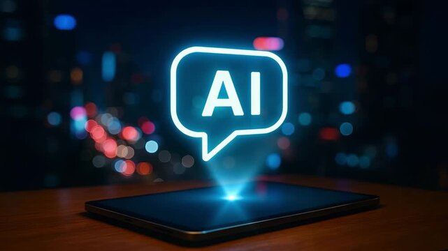 An Artificial Intelligence (AI) concept with a glowing message bubble over a smartphone. Representing the future of technology and communication