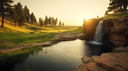 A tranquil waterfall gently cascading over warm golden cliffs into a calm, emerald pool, soft haze rising from the water, surrounded by delicate grasses and moss.