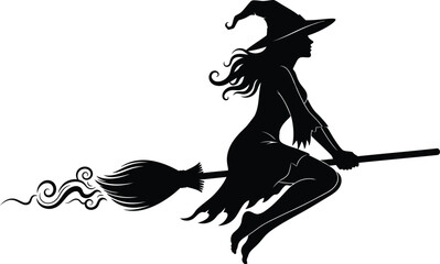 Halloween witch silhouette flying on broomstick vector image vector