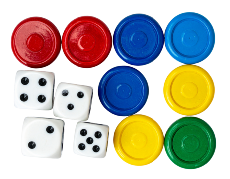  Colorful Board Game Tokens with Dice, Top-Down View, isolated transparent background png