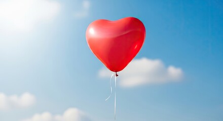 A red heart-shaped balloon floating against a clear blue sky with a few white clouds.
