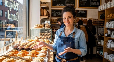A woman in a bakery, wearing an apron, standing behind a display case filled with pastries and bread.