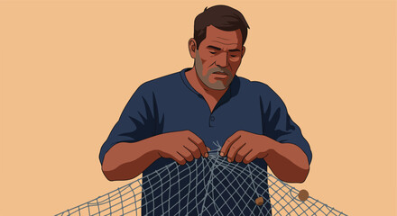 Man Repairing Fishing Net at the Seaside