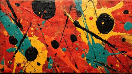 the image displays an abstract expressionist painting with a textured, colorful surface. the background is a vibrant blend of red and orange