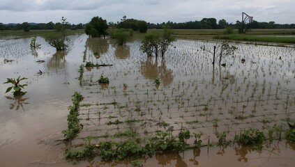 Flooded farmland with various crops partially,
