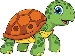 Cute cartoon turtle character with green body and orange shell smiling, happy reptile animal vector illustration for kids and education