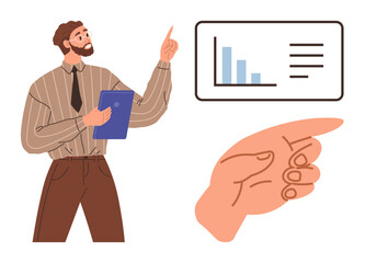 Man holding clipboard explains bar chart with hand pointing at data representation. Ideal for business, presentation, instruction, analysis, teamwork, education, strategy. Simple flat metaphor