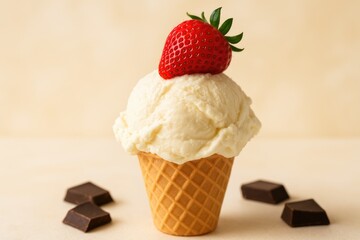 Sweet vanilla dessert with strawberry garnish served on a waffle